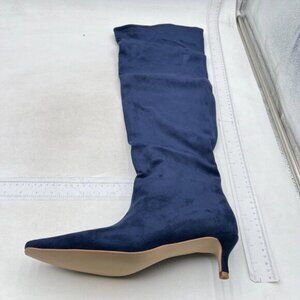 Navy Suede Low Heel Pull on Knee High Boots Stylish Square Toe Winter Long Boots